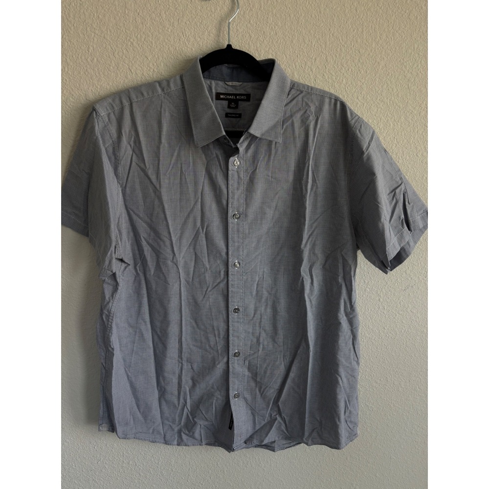 Michael Kors Button Down Shirt XL Blue Micro Check Tailored Fit Short Sleeve